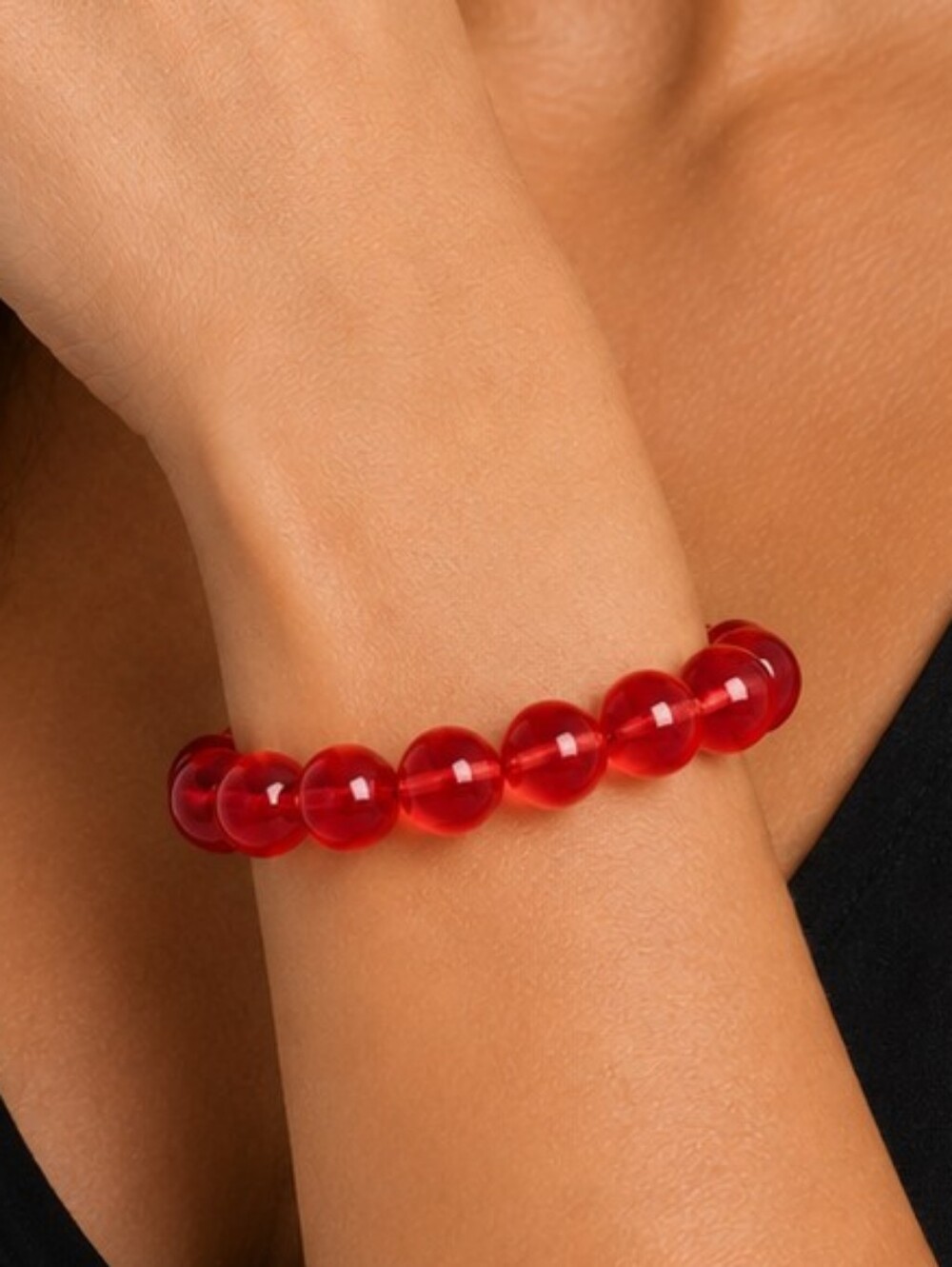 💎 Red Translucent Beaded Stretch Bracelet Glossy Statement Jewelry